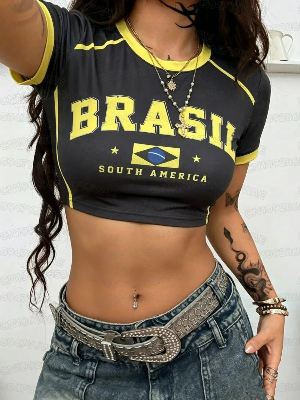 Women T-Shirt & Polo"Brazil Print Jersey Round Neck Short Sleeve Top T-shirt"