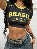 Women T-Shirt & Polo"Brazil Print Jersey Round Neck Short Sleeve Top T-shirt"