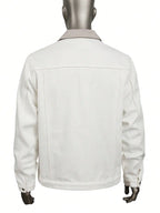 Men Denim Top"Off-White Color-Block Collared Fleece-Lined"