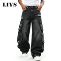 Men Cargo Pants "LIYS Men Retro Black Wash Multi Pocket Cargo Jeans Ripped Baggy"