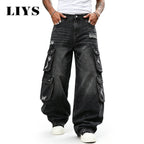 Men Cargo Pants "LIYS Men Retro Black Wash Multi Pocket Cargo Jeans Ripped Baggy"