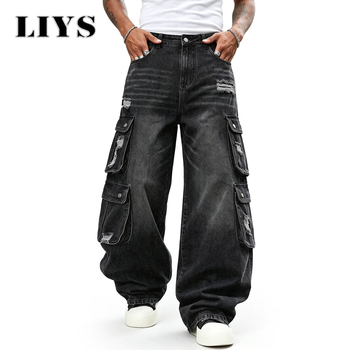 Men Cargo Pants "LIYS Men Retro Black Wash Multi Pocket Cargo Jeans Ripped Baggy"
