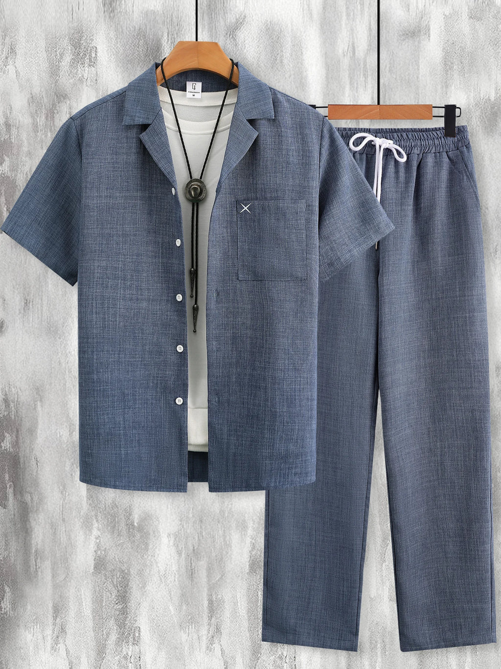 Men Matching Set "Minimalist Pocket Embroidery Set, Textured Short Sleeve Shirt & Pants"