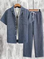 Men Matching Set "Minimalist Pocket Embroidery Set, Textured Short Sleeve Shirt & Pants"