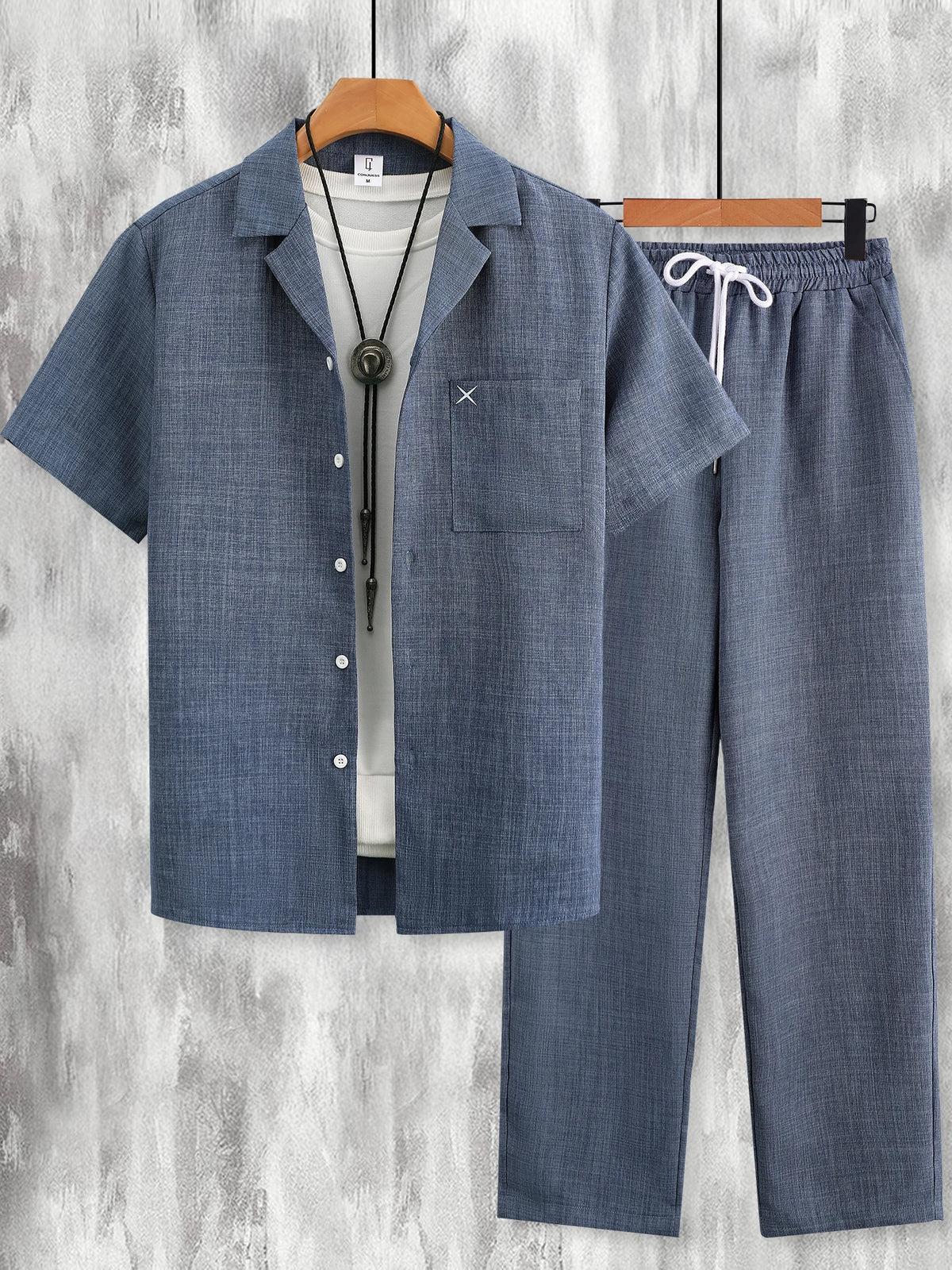 Men Matching Set "Minimalist Pocket Embroidery Set, Textured Short Sleeve Shirt & Pants"