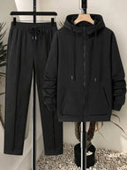 Men Matching Set "Tracksuit Set Textured Full Zip Hooded Jacket + Drawstring Straight Pants"