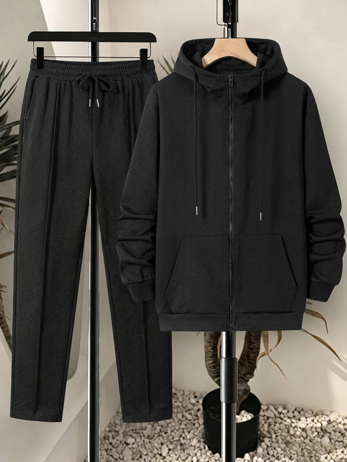 Men Matching Set "Tracksuit Set Textured Full Zip Hooded Jacket + Drawstring Straight Pants"