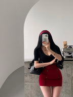 Women Skirt "Sexy High Waist Short Skirt with Button Decoration Belted Hanging Neck Bodycon Half-length"
