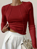 Women T-Shirts & Polo "Long Sleeve Ribbed Knit T-Shirt 2026 Autumn Slim Fit Cropped Top Wavy"