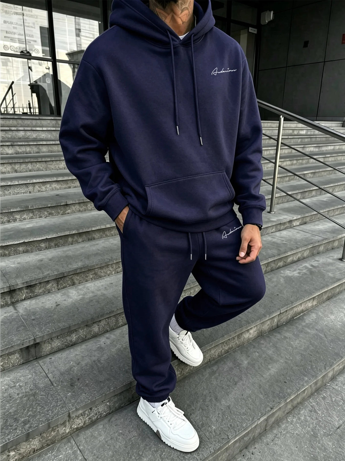 Men Matching Set "Premium Men's 2 Piece Hoodie Tracksuit, Exquisite Cursive Handwritten Signature"