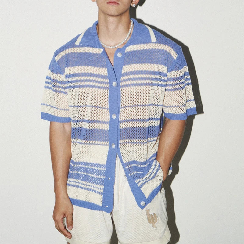 2025 Summer Casual Mens Knit Shirts Short Sleeve Buttoned Turn-down Collar Cardigan Tops Men Seaside Beach Vintage Knitted Shirt