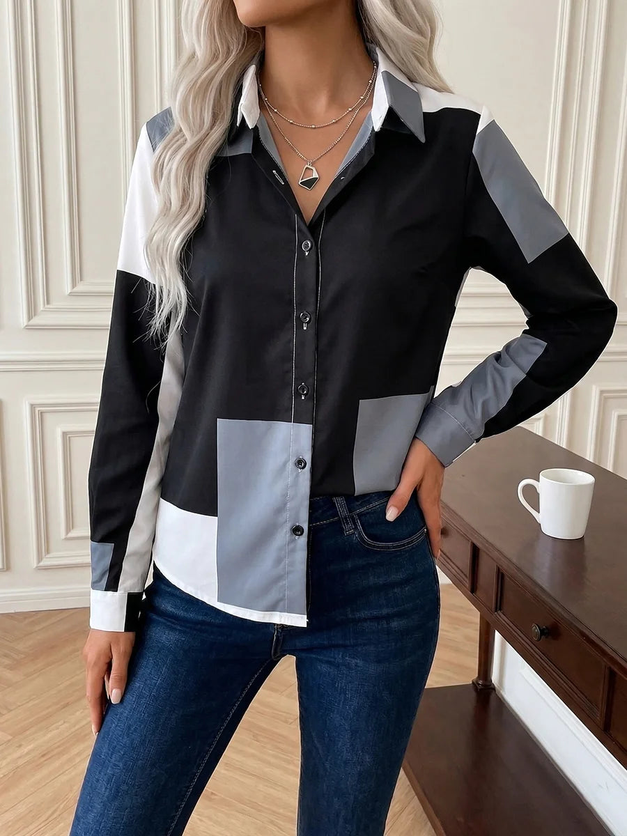 Women Blouse Shirt "Block Patchwork Shirt Long Sleeve Button Up Blouses Casual Loose Office Lady Turn-down"