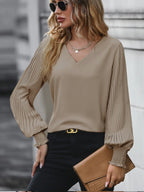 Women Blouse & Shirt "Splicing Elegant Long-sleeved Office Top Solid Color V-neck Pleated Blouses"