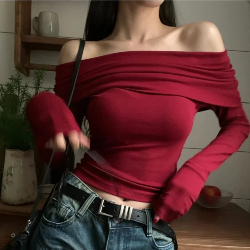 Wmen T-Shirt & Polo "Black Sexy Tops Off Shoulder Long Sleeve"