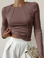 Women T-Shirts & Polo "Long Sleeve Ribbed Knit T-Shirt 2026 Autumn Slim Fit Cropped Top Wavy"