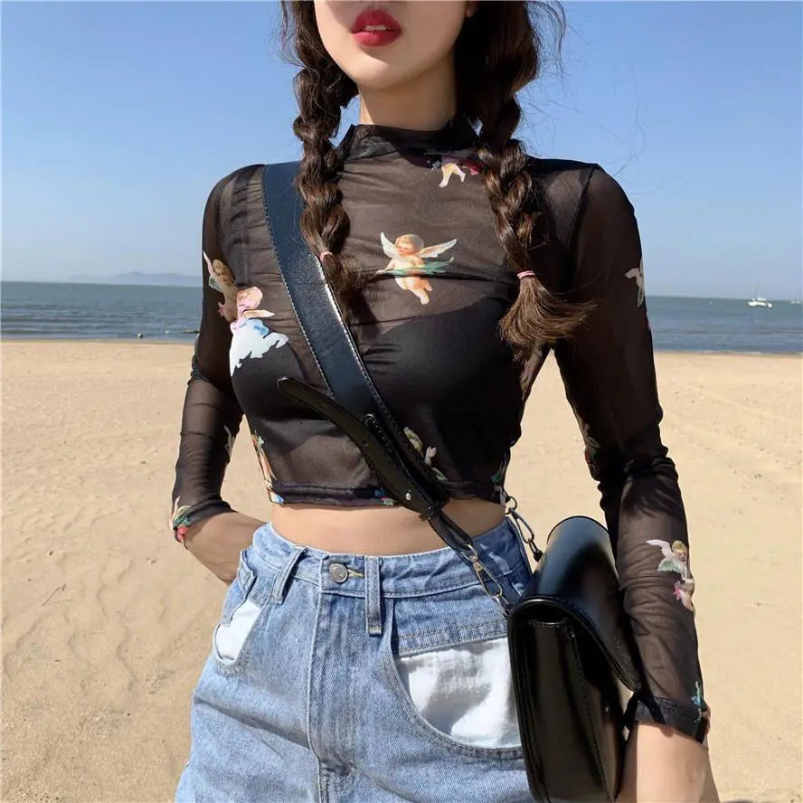 Black Mesh Angel Pattern T Shirt Sexy Crop Top Women Clothes Summer Long Sleeve Graphic Transparent Turtleneck Short Tshirts New
