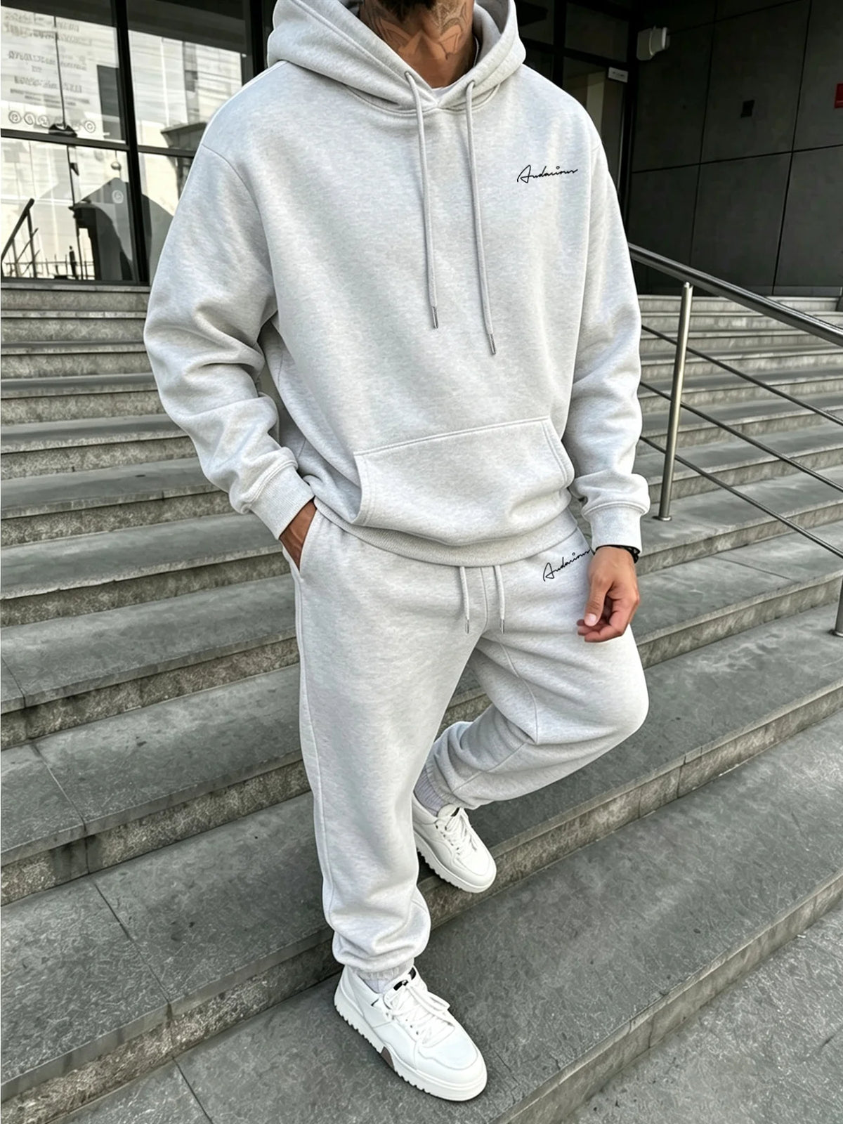 Men Matching Set "Premium Men's 2 Piece Hoodie Tracksuit, Exquisite Cursive Handwritten Signature"