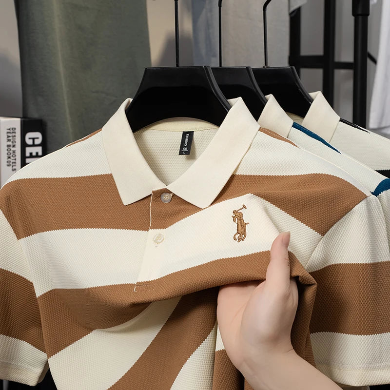 Men Polo Shirt "Contrasting Striped Lapel Short Sleeved T-shirt, Summer Dad Outfit, New Cool POLO Top"