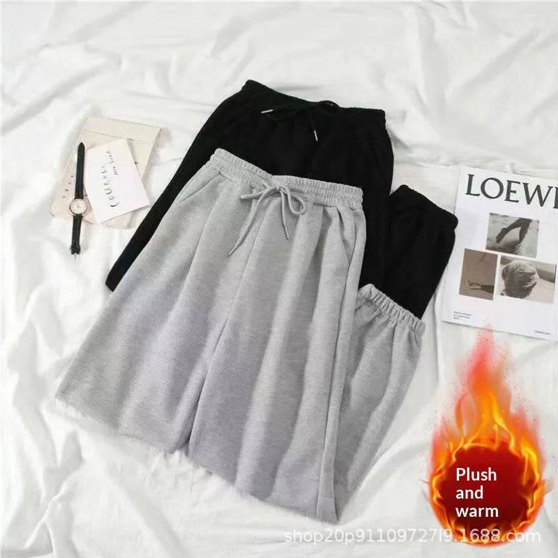 Women Casual Jogger Pants High Waist Elastic Cuff Sweatpants 2025 New American Style Loose Wide Leg Warm Fleece Lined Pants for