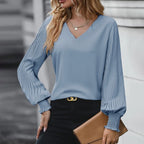 Women Blouse & Shirt "Splicing Elegant Long-sleeved Office Top Solid Color V-neck Pleated Blouses"