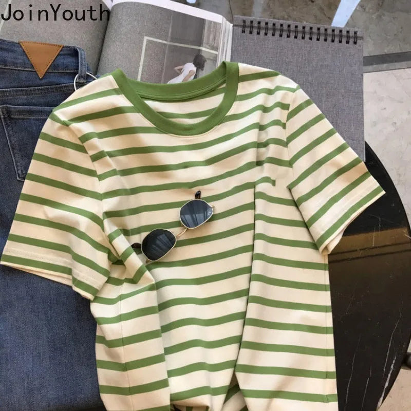 Cotton Shirts for Women Striped Chic T Shirts 2025 Ropa Mujer Short Sleeve O-neck Tees Casual Korean Y2k T-shirts Oversized Tops