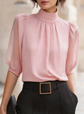 Women Blouse & Shirt "Mock Neck Gathered Front Puff Elbow Sleeve Chiffon Blouse"