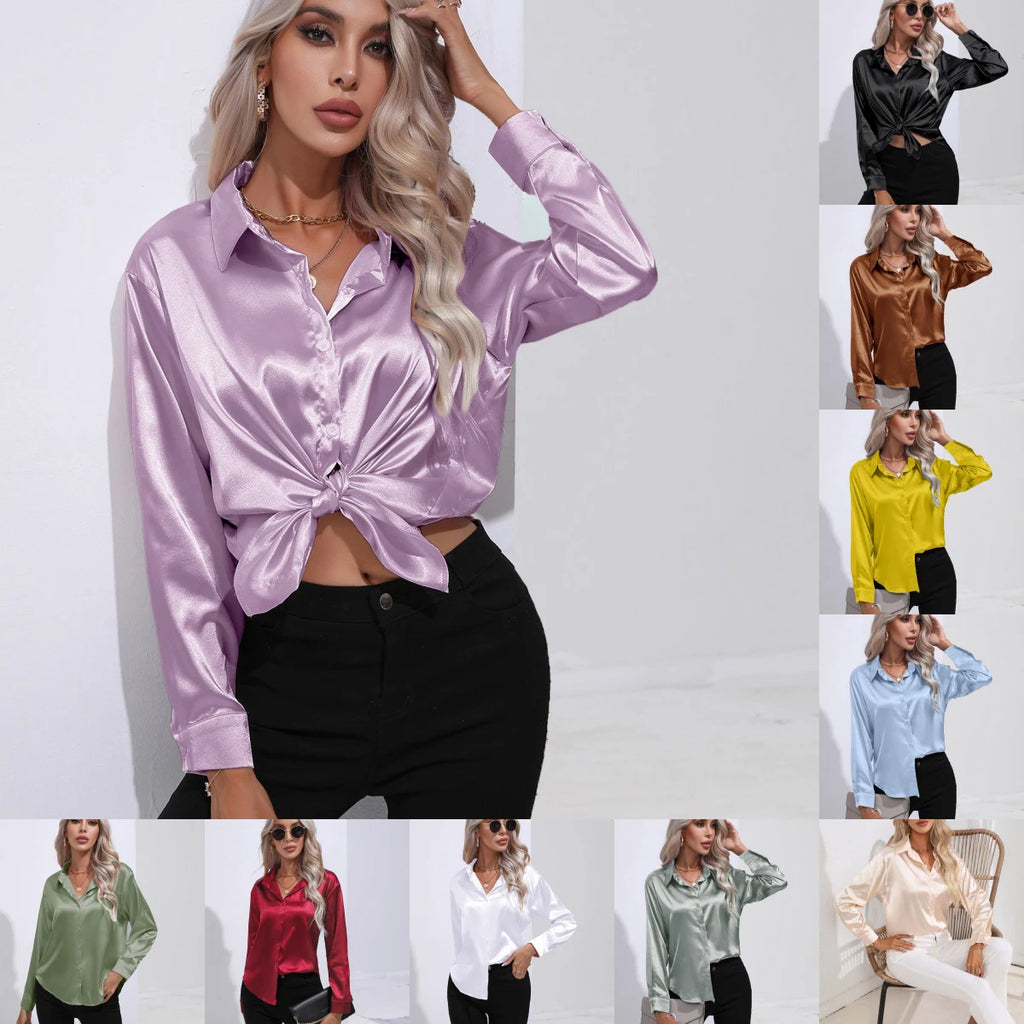 Women Blouse & Shirt "Autumn Casual Women's Blouses Elegant Satin Multicolor Basic Slim Shirt"