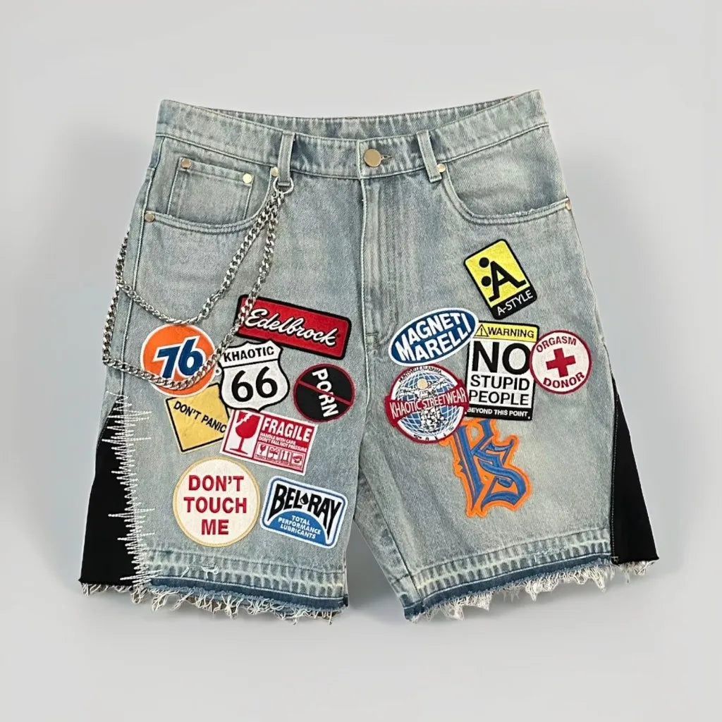 Men Short "Retro Blue Streetwear Patchwork Denim Short Y2K Jeans"