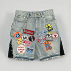 Men Short "Retro Blue Streetwear Patchwork Denim Short Y2K Jeans"