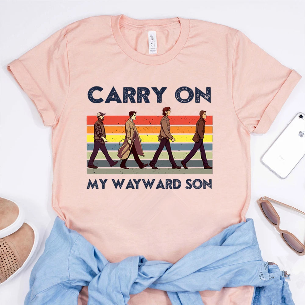 Supernatural Carry on My Wayward Son Vintage T-Shirt Sam and Dean Winchester Brothrs Shirt Trendy Abbey Road Winchester 2025 Top