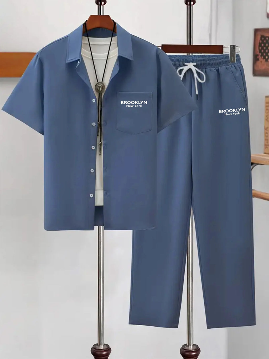 Men Matching Set "Haze Blue Short-Sleeve Collared Shirt Two-Piece Set"