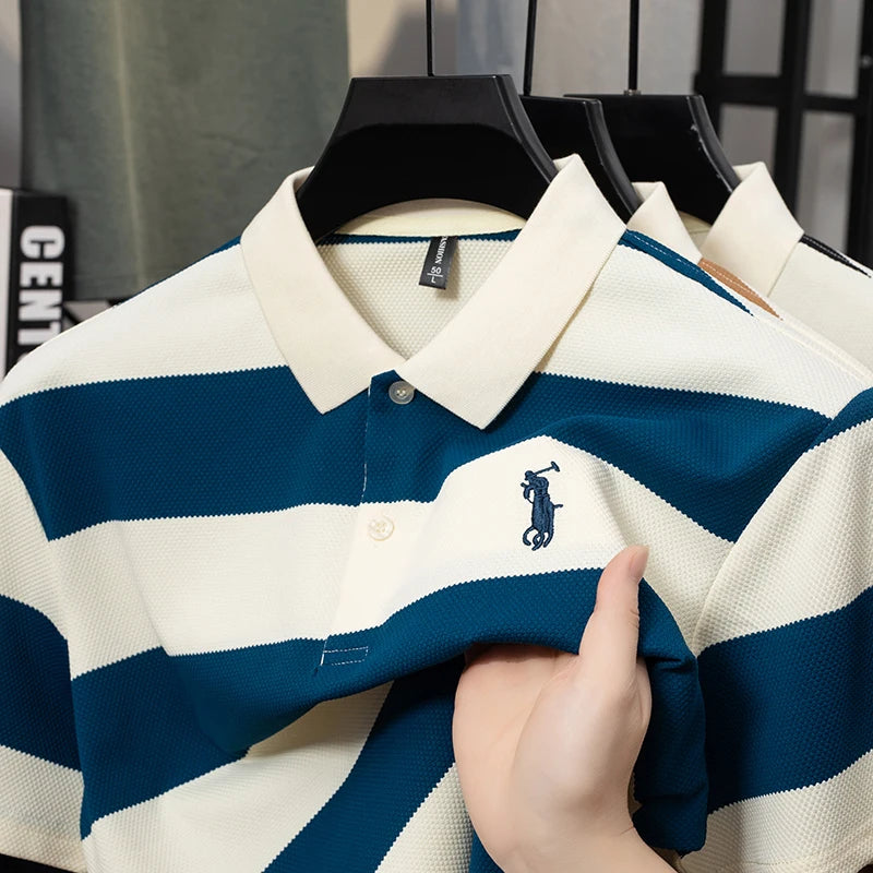 Men Polo Shirt "Contrasting Striped Lapel Short Sleeved T-shirt, Summer Dad Outfit, New Cool POLO Top"
