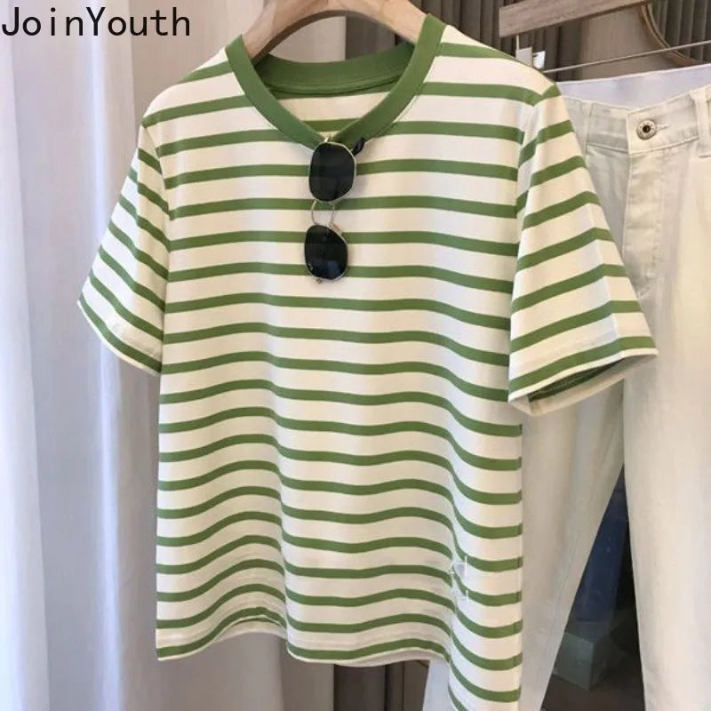Cotton Shirts for Women Striped Chic T Shirts 2025 Ropa Mujer Short Sleeve O-neck Tees Casual Korean Y2k T-shirts Oversized Tops