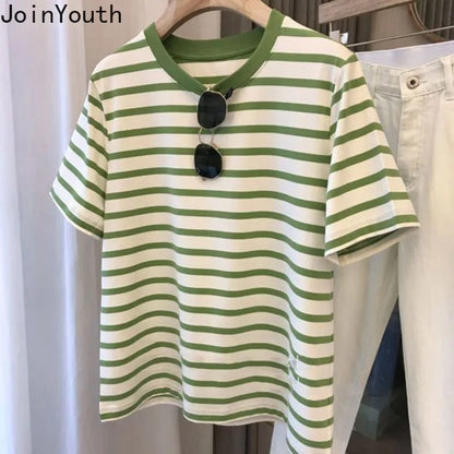 Cotton Shirts for Women Striped Chic T Shirts 2025 Ropa Mujer Short Sleeve O-neck Tees Casual Korean Y2k T-shirts Oversized Tops