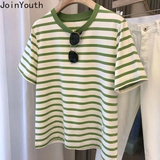Cotton Shirts for Women Striped Chic T Shirts 2025 Ropa Mujer Short Sleeve O-neck Tees Casual Korean Y2k T-shirts Oversized Tops