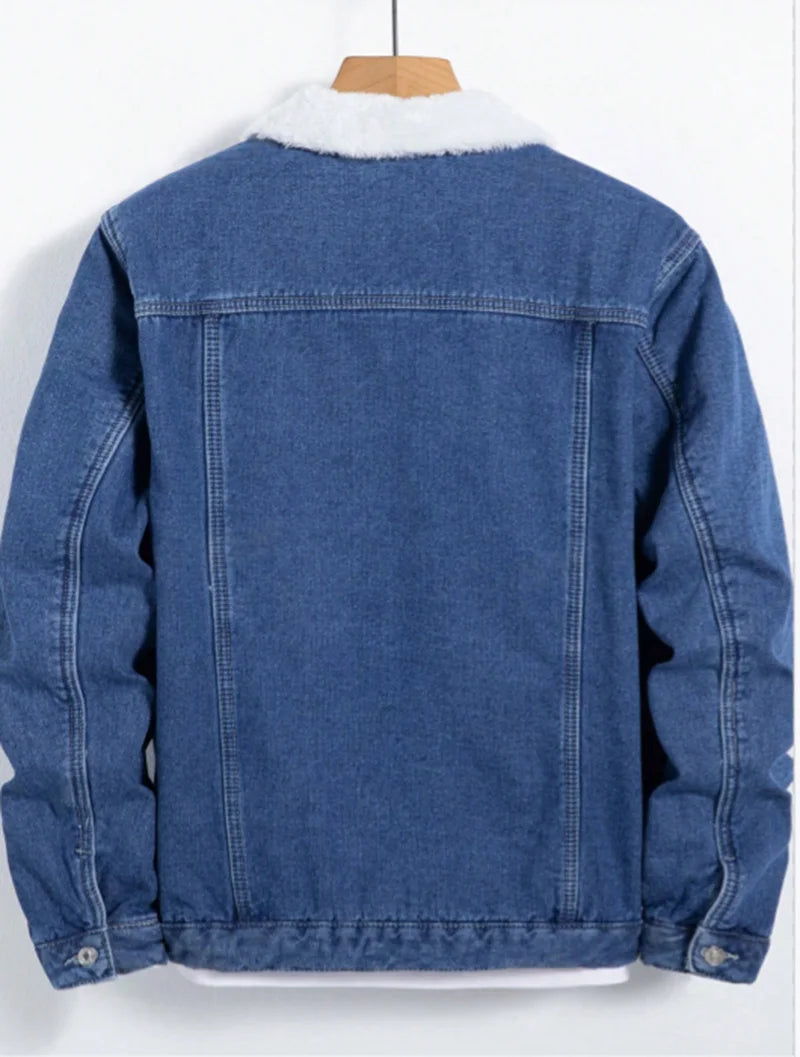 Men Denim Top"Blue Sherpa Fleece Lined Denim Jacket Lamb Fur Collar"