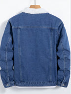 Men Denim Top"Blue Sherpa Fleece Lined Denim Jacket Lamb Fur Collar"