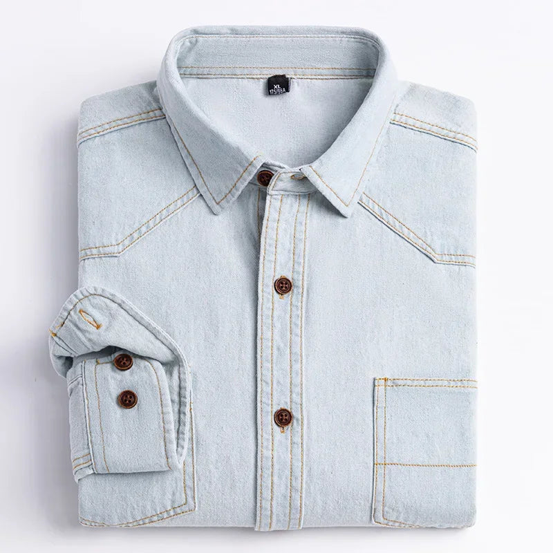 2025 Denim Long-Sleeve Double or Single  Pocket Design Shirt Classic 100% Cotton Fashion Embroider Comfortable Clothes