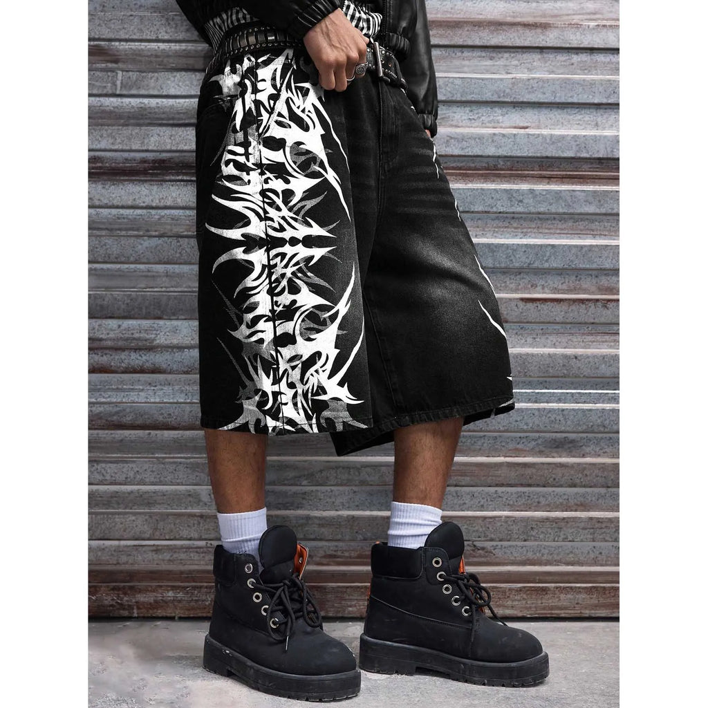 Men Short"Denim Jorts Summer Streetwear Print Baggy Wide"