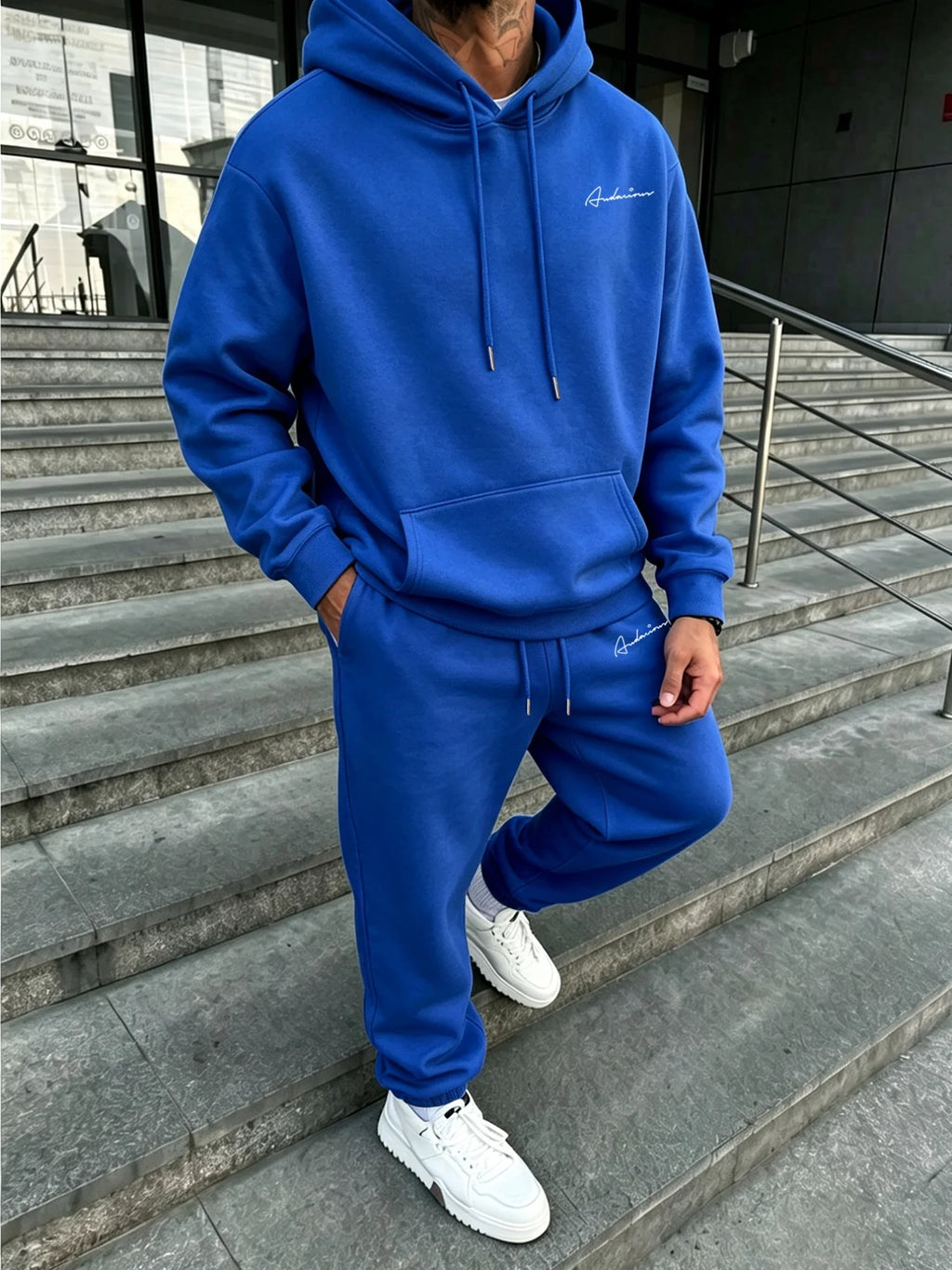 Men Matching Set "Premium Men's 2 Piece Hoodie Tracksuit, Exquisite Cursive Handwritten Signature"