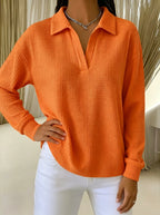 Women T-Shirt & Polo "Waffle Knit Polo Shirt Long Sleeve Stretch Solid Color Casual Ladies Blouse"