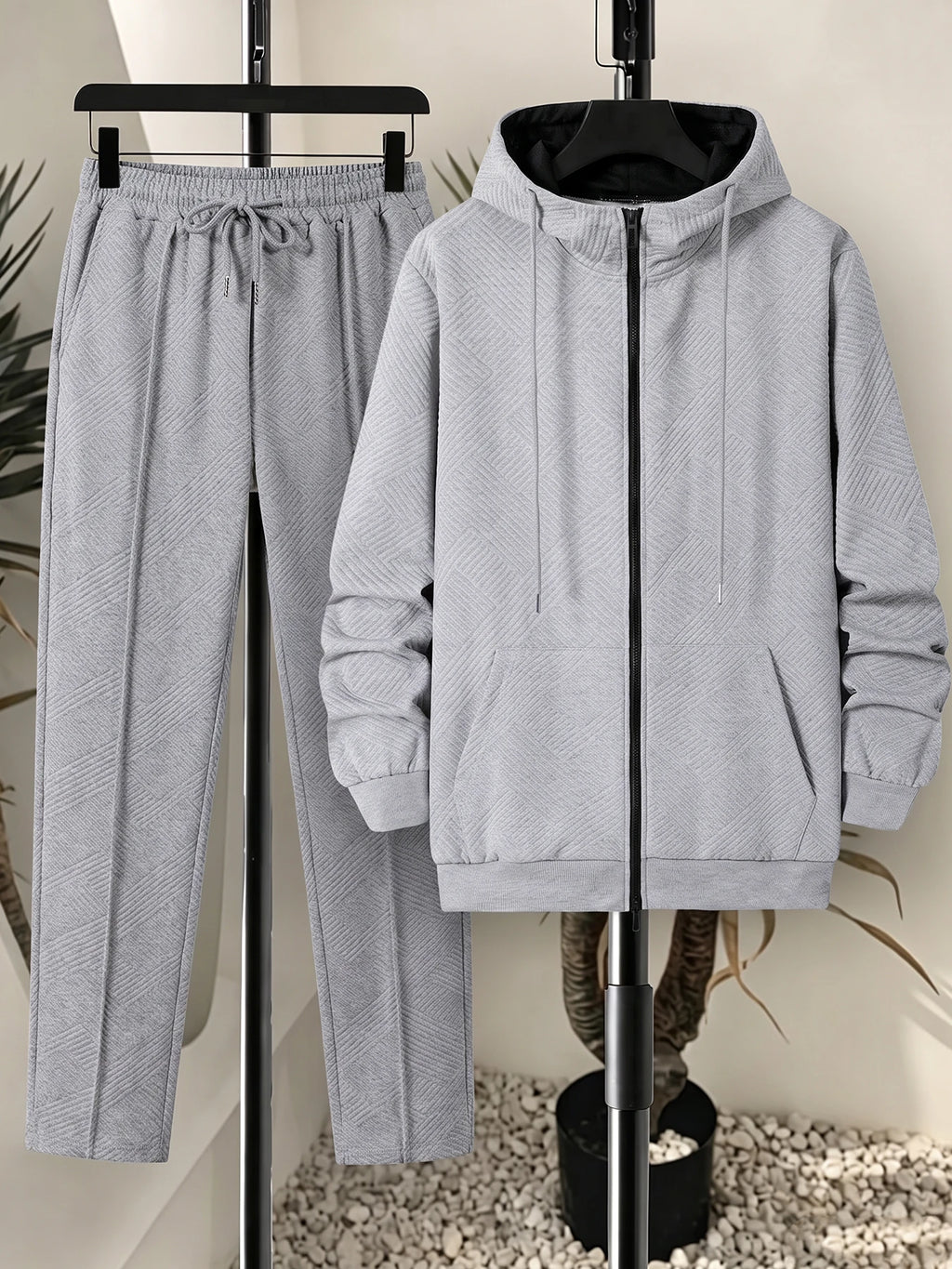 Men Matching Set "Tracksuit Set Textured Full Zip Hooded Jacket + Drawstring Straight Pants"