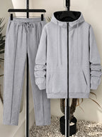 Men Matching Set "Tracksuit Set Textured Full Zip Hooded Jacket + Drawstring Straight Pants"