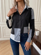 Women Blouse Shirt "Block Patchwork Shirt Long Sleeve Button Up Blouses Casual Loose Office Lady Turn-down"