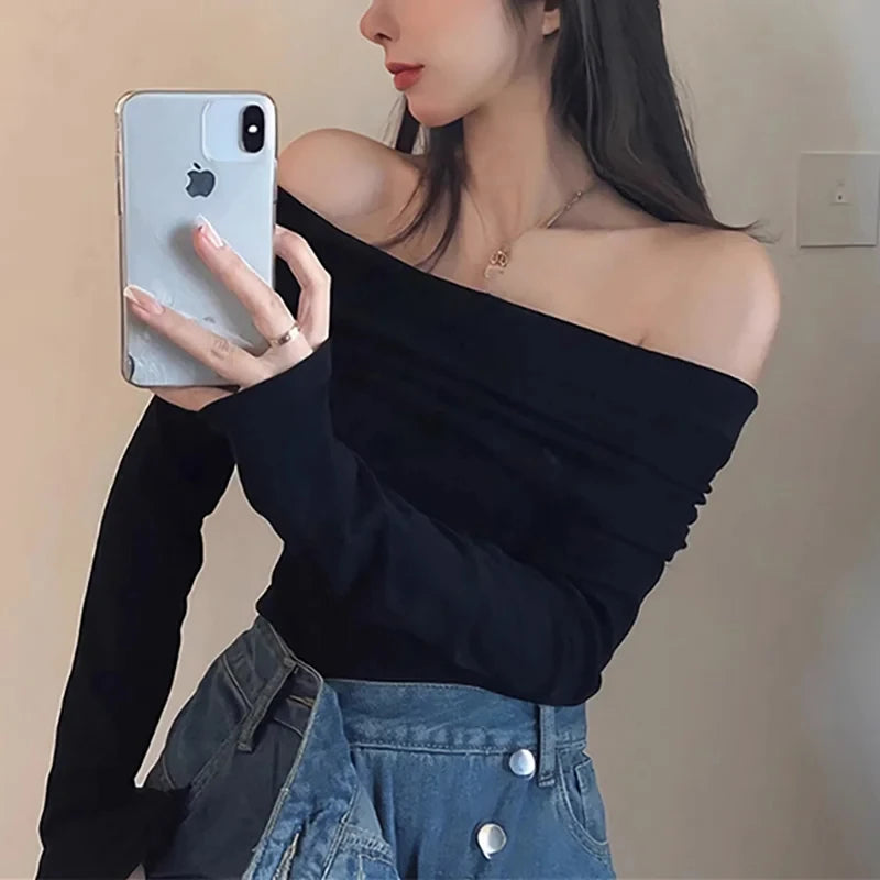 Wmen T-Shirt & Polo "Black Sexy Tops Off Shoulder Long Sleeve"