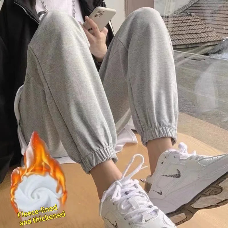 Women Casual Jogger Pants High Waist Elastic Cuff Sweatpants 2025 New American Style Loose Wide Leg Warm Fleece Lined Pants for