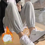 Women Casual Jogger Pants High Waist Elastic Cuff Sweatpants 2025 New American Style Loose Wide Leg Warm Fleece Lined Pants for