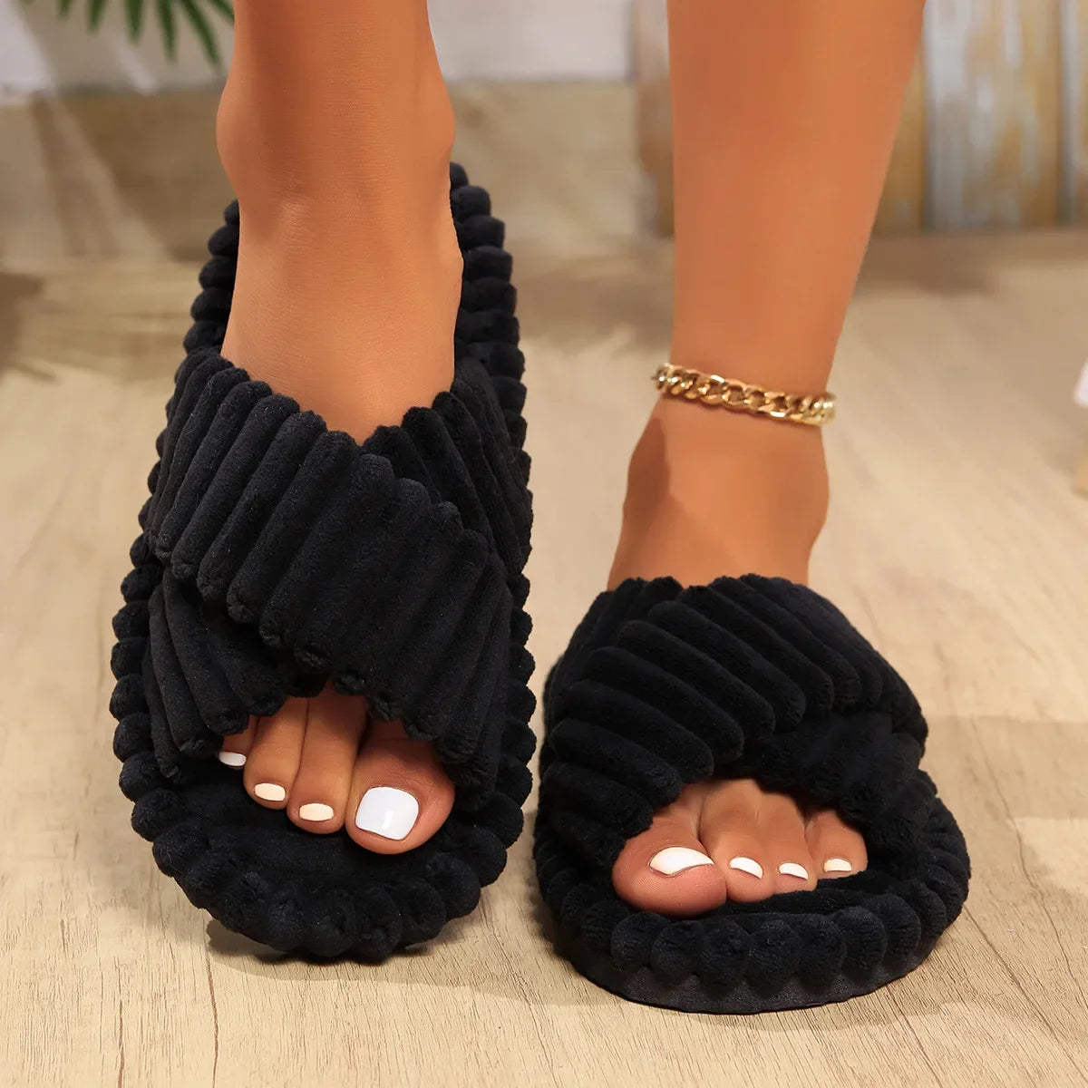 Shoes for Women Fashion Corduroy Cross Home Slippers Women Winter Warm Plush Slides Indoor Bedroom Soft Sole Cotton Slippers