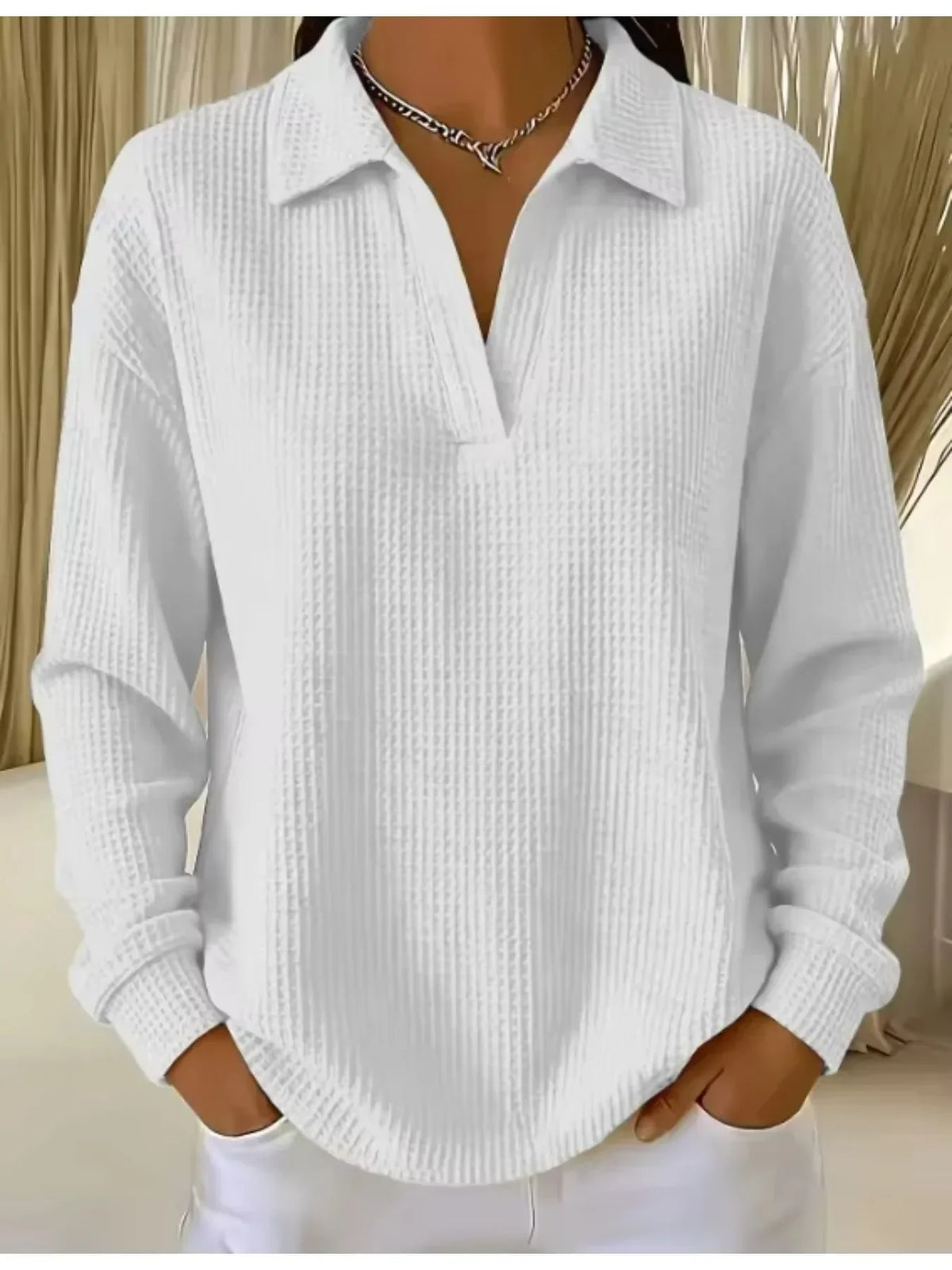 Women T-Shirt & Polo "Waffle Knit Polo Shirt Long Sleeve Stretch Solid Color Casual Ladies Blouse"