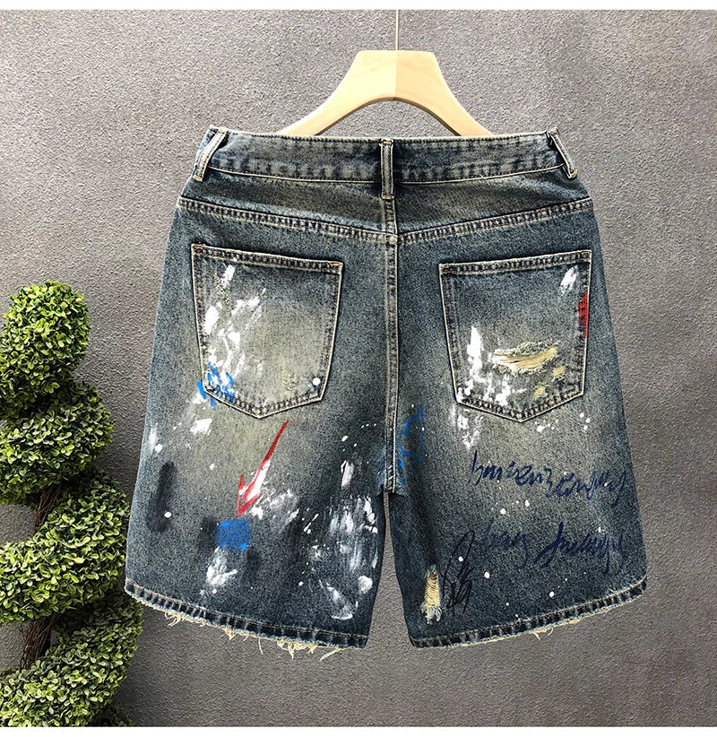 Men Short "Jeans Hip Hop Ripped Multi Color Male Denim Shorts Graphic Harajuku"